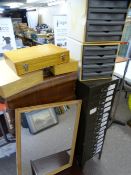 MULTI-DRAWER FILING CABINET, metalware mike stand, other filing drawers, boxes and a vintage cased