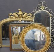 VICTORIAN GILT FRAMED OVERMANTLE MIRROR and three vintage wall mirrors, 69.5cms H, 97cms W