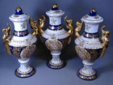 CONTINENTAL LIDDED VASE TRIO, 42cms tall