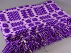 TRADITIONAL WELSH BLANKET in vibrant purple and pink with tasselled ends