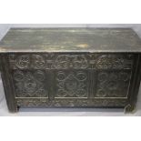 ANTIQUE OAK EFFECT LIDDED COFFER with carved detail, 72cms H, 130cms W, 57cms D