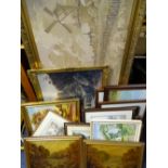 LARGE GILT FRAMED TAPESTRY, 73 x 144cms overall and a large parcel of assorted paintings and prints