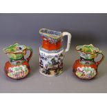 PAIR OF MASONS IRONSTONE (BLACK MARK) JUGS, serpent handled with Oriental transfer design, 11cms H