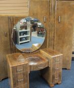 GOOD ART DECO PERIOD THREE PIECE WALNUT BEDROOM SUITE comprising a two door wardrobe, 190cms H,