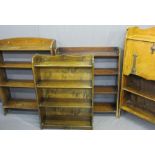 THREE SETS OF OPEN BOOKSHELVES and an Arts and Crafts style fall front bureau bookcase, 119cms H,
