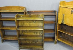 THREE SETS OF OPEN BOOKSHELVES and an Arts and Crafts style fall front bureau bookcase, 119cms H,