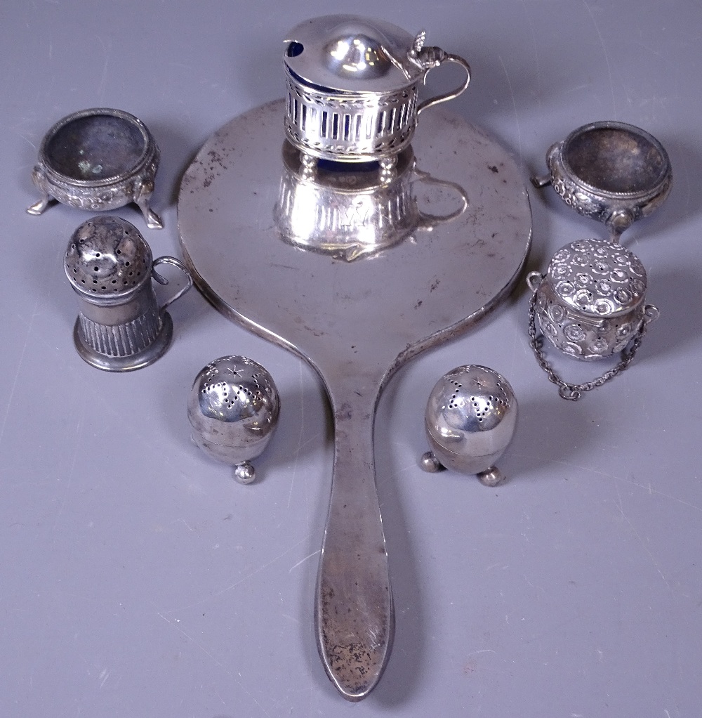 TWO PAIRS OF SILVER CONDIMENTS and three other odd condiments, total 6.5ozs and a silver hand mirror