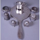TWO PAIRS OF SILVER CONDIMENTS and three other odd condiments, total 6.5ozs and a silver hand mirror