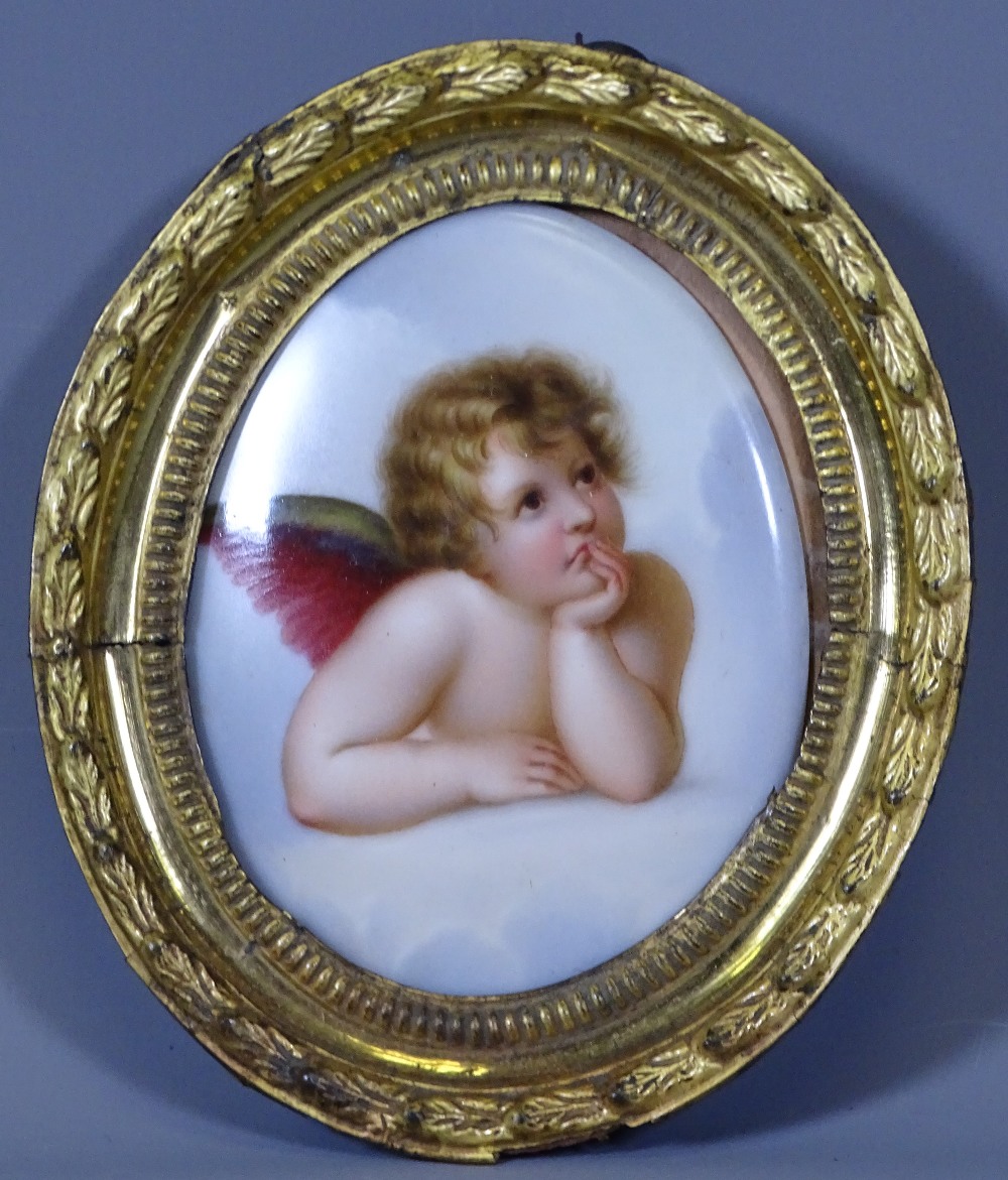 PAIR OF OVAL, 19TH CENTURY IVORY FRAMES and a brass example, one containing a painted porcelain - Image 3 of 4