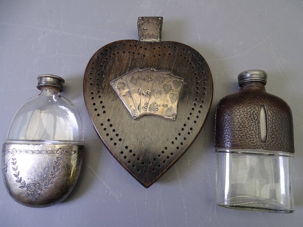 SILVER MOUNTED CRIBBAGE BOARD - hardwood, heart shaped with silver mounted handle and four silver '