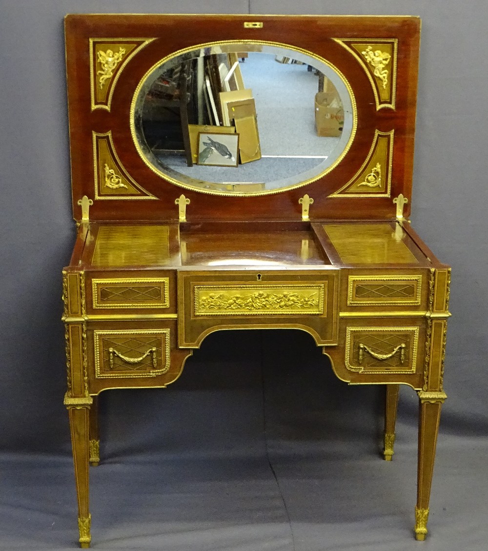 LOUIS XVI STYLE KINGWOOD, INLAID & GILT ORMOLU WRITING DESK, the gilt brass rectangular top with