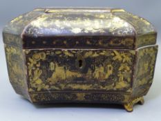 LACQUERED TEA CADDY with gilt oriental decoration, interior pewter containers with lids (