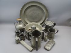 PEWTER - a large parcel including large charger, four circular plates, triple handled tankard and