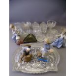 VINTAGE DRESSING TABLE GLASSWARE, White Friar's type ashtray, three Nao figurines and a Chinese