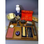VINTAGE TREEN TRAY with collector's contents including opera glasses, cutthroat razor, bible ETC