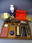 VINTAGE TREEN TRAY with collector's contents including opera glasses, cutthroat razor, bible ETC