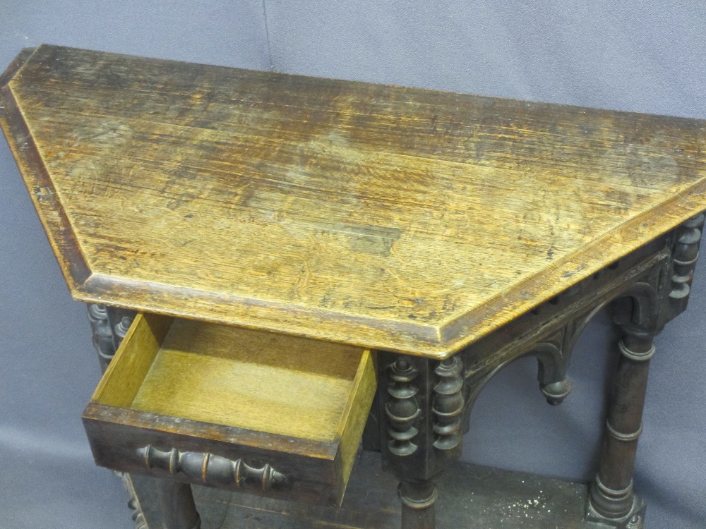 VINTAGE OAK GOTHIC STYLE HALL TABLE, shaped top with single front drawer and arched apron on - Image 2 of 3