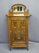 CIRCA 1900 INLAID ROSEWOOD MIRRORED MUSIC CABINET, the shaped back rail with bevel edged mirror