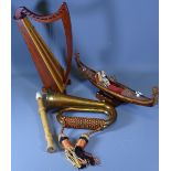 COPPER BUGLE, treen musical harp, recorder and musical gondola
