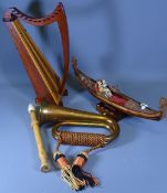 COPPER BUGLE, treen musical harp, recorder and musical gondola