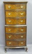 REPRODUCTION WALNUT CHEST ON CHEST of six drawers, bow fronted with brass swing handles and back