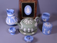 WEDGWOOD JASPERWARE GREEN COLOURED TEAPOT & SAUCER and an assortment of blue