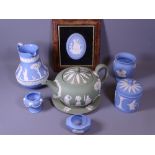 WEDGWOOD JASPERWARE GREEN COLOURED TEAPOT & SAUCER and an assortment of blue