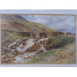 CHARLES TOPHAM DAVISON watercolour - river falls and bridge with cattle and drover, titled 'Near