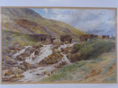 CHARLES TOPHAM DAVISON watercolour - river falls and bridge with cattle and drover, titled 'Near