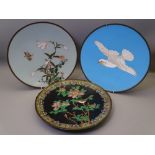 CLOISONNE - three chargers, 1. grey ground with blossom, 2. blue ground with flying bird and 3.