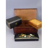 VINTAGE & LATER BOXES (4) including a mahogany lidded example, a lacquer work Victorian glove box