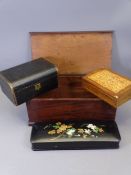 VINTAGE & LATER BOXES (4) including a mahogany lidded example, a lacquer work Victorian glove box