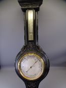 VICTORIAN EBONISED OAK ANEROID WALL BAROMETER WITH THERMOMETER, 98cms H