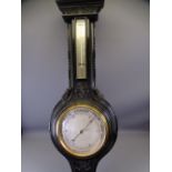 VICTORIAN EBONISED OAK ANEROID WALL BAROMETER WITH THERMOMETER, 98cms H