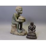 GREEN MINERAL NATIVE SEATED FIGURINE holding a bowl and a small Burmese bronze style seated