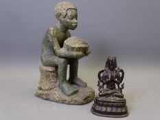 GREEN MINERAL NATIVE SEATED FIGURINE holding a bowl and a small Burmese bronze style seated