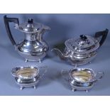 SILVER TEA & COFFEE SERVICE - four pieces all of oblong plain form with beaded style decoration