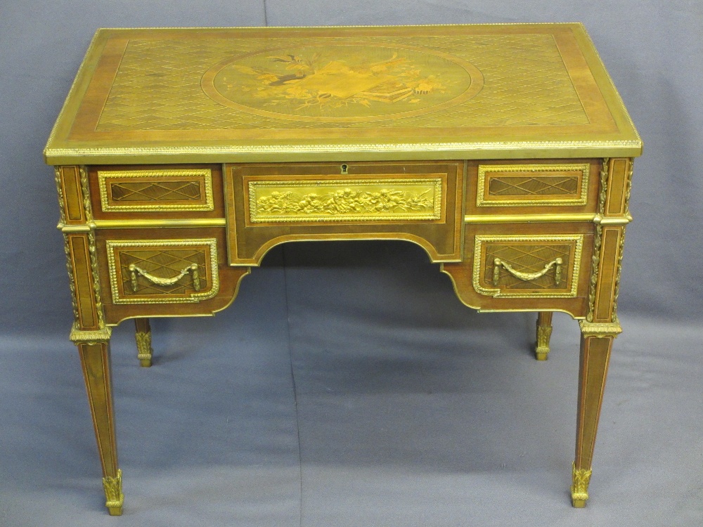 LOUIS XVI STYLE KINGWOOD, INLAID & GILT ORMOLU WRITING DESK, the gilt brass rectangular top with - Image 3 of 12