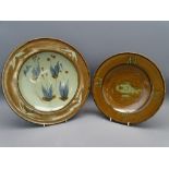 TWO DAVID FRITH ART POTTERY CIRCULAR CHARGER TYPE DISHES, 28cms and 33cms diameter respectively,