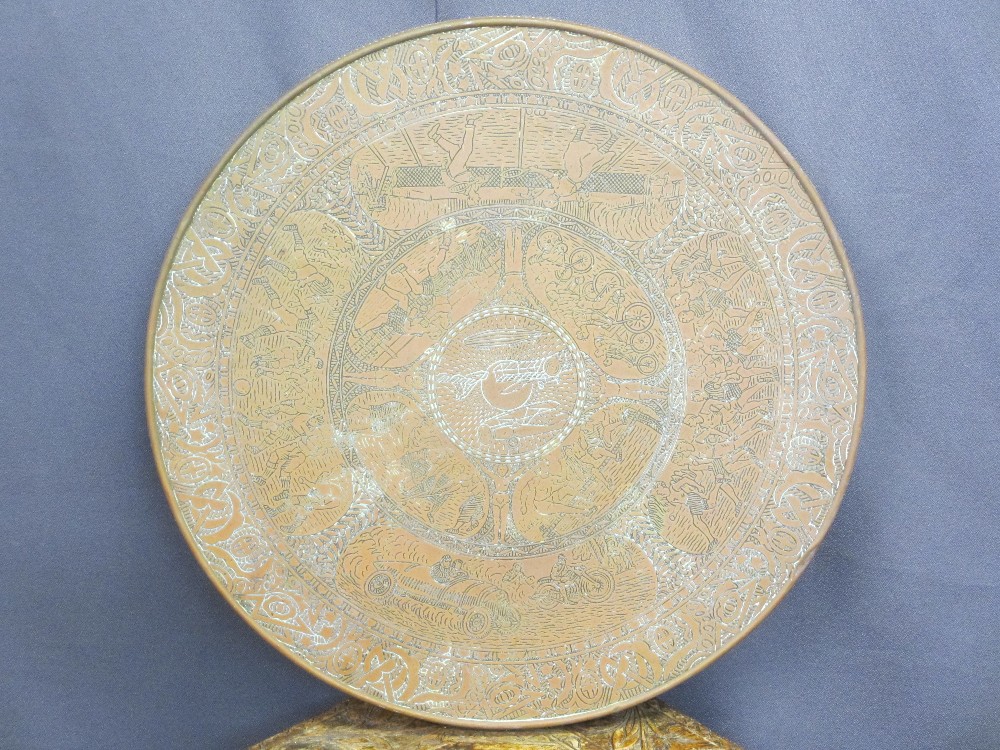 HIGHLY UNUSUAL BRASS TABLETOP and a carved Indian two-tier side table, the Benares style brass top - Image 2 of 9