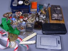 COLLECTABLES - thimbles, badges, a model tank on plinth ETC