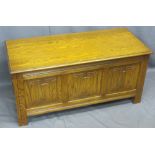 JAYCEE REPRODUCTION OAK LIDDED BLANKET CHEST with linenfold front detail, 51cms H, 105.5cms W, 46.
