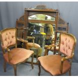 EDWARDIAN OVERMANTLE MIRROR and reproduction button back upholstered armchairs, 135.5cms H, 118.5cms