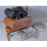 SILVER DRESSING TABLE MIRROR and two dressing table bottles also cased vintage binoculars, 13 x