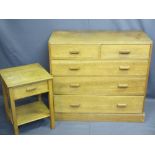 VINTAGE BLONDE OAK CHEST of two short over three long drawers with similar single drawer bedside