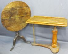 ANTIQUE OAK CIRCULAR TILT-TOP TRIPOD TABLE and a 'rise and fall' pitch pine reading table, 71cms