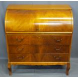 REPRODUCTION MAHOGANY CYLINDER FRONT BUREAU, the fall having interior arrangement of drawers and