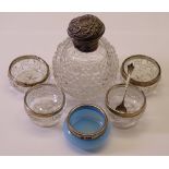 PAIR OF HOBNAIL CUT CIRCULAR PEDESTAL SILVER RIMMED SALTS, a further similar pair, a blue milk glass