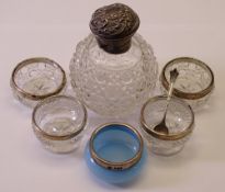 PAIR OF HOBNAIL CUT CIRCULAR PEDESTAL SILVER RIMMED SALTS, a further similar pair, a blue milk glass