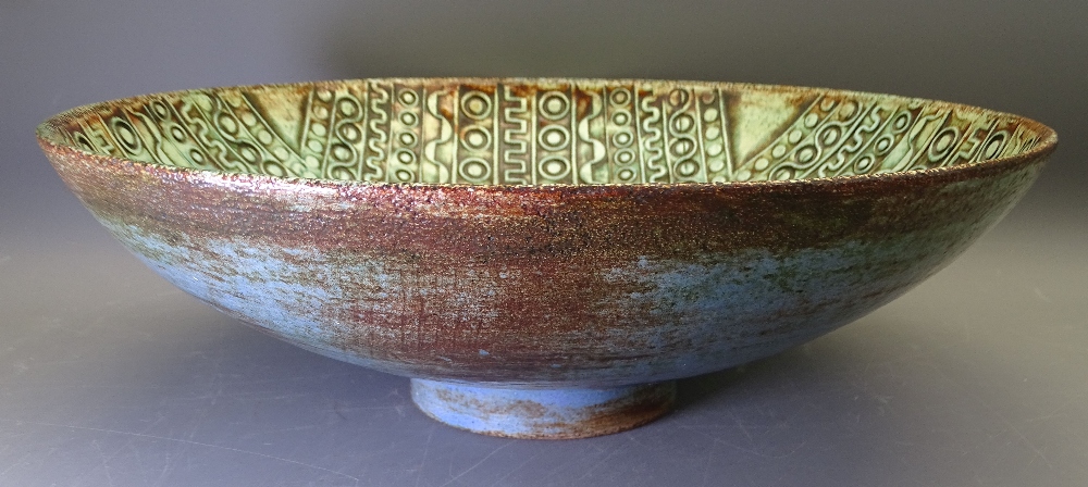 LARGE CIRCULAR ART POTTERY SHALLOW BOWL on a short pedestal, 37cms diameter, 12cms high - Image 2 of 2